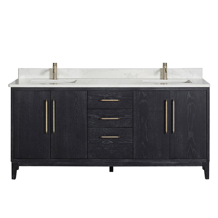 72-Inch Noma Black Fir Wood Double Sink Vanity – Freestanding Bath Cabinet with White Stone Top