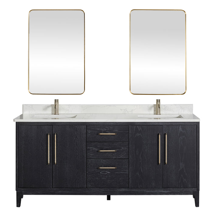 72 Inch Oasis Vanity Set – Black Fir Wood Double Sink with White Composite Top and Matching Mirror