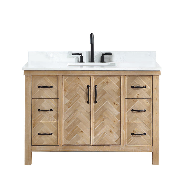 48-Inch Radiance Rustic Bathroom Vanity – Antique Brown Wood Cabinet with White Composite Top and Soft-Close Drawers