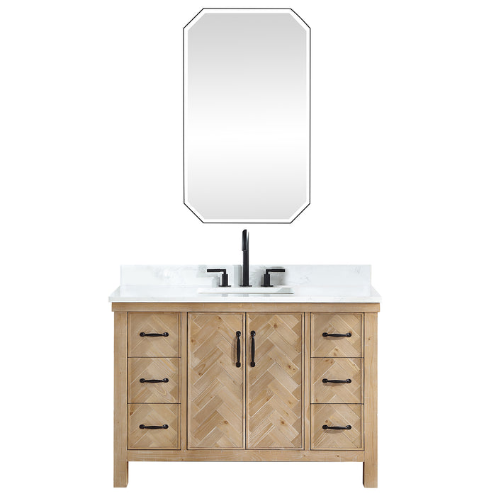 48-Inch Rapture Rustic Vanity Set – Antique Brown Spruce Wood Cabinet with White Stone Top and Matching Mirror