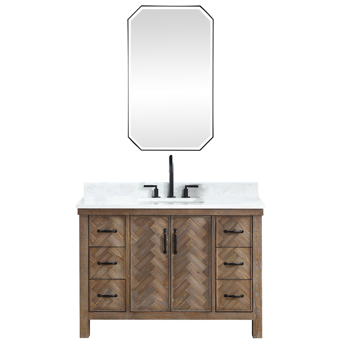 48-Inch Reverie Rustic Bathroom Vanity – Freestanding Gray Spruce Sink Cabinet with White Stone Top and Mirror