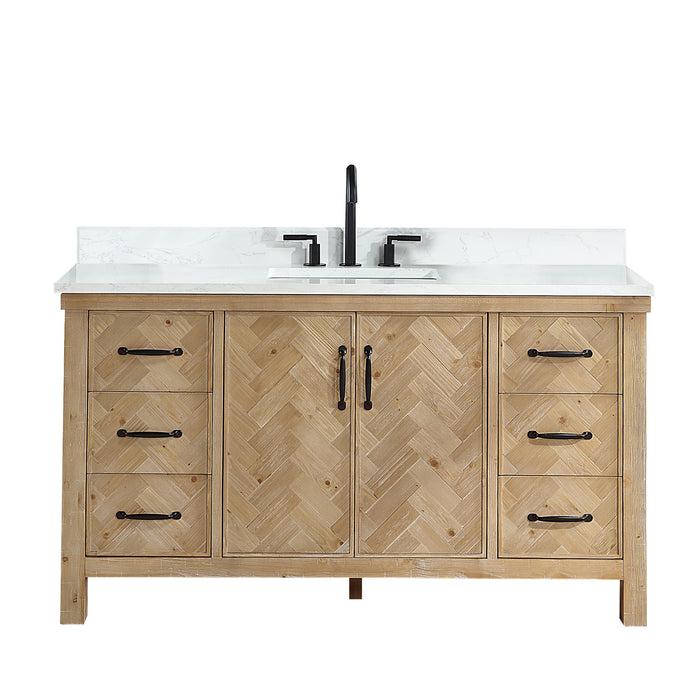 60-Inch Rhone Antique Brown Spruce Vanity – Freestanding Single Sink Cabinet with White Grain Stone Top