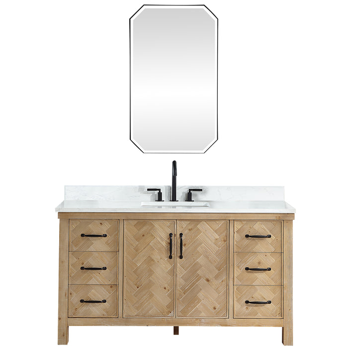 60-Inch Ridge Rustic Bathroom Vanity – Brown Spruce Vanity with Soft-Close Drawers, White Stone Top & Mirror