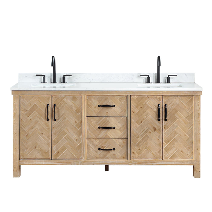 72-Inch Rubato Rustic Bathroom Vanity – Antique Brown Double Sink Cabinet with White Stone Surface & Ample Storage