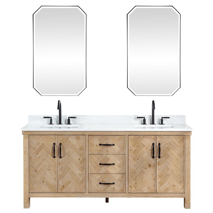 72-Inch Ruscus Rustic Double Sink Vanity – Freestanding Antique Spruce Cabinet with White Grain Stone Top and Mirror