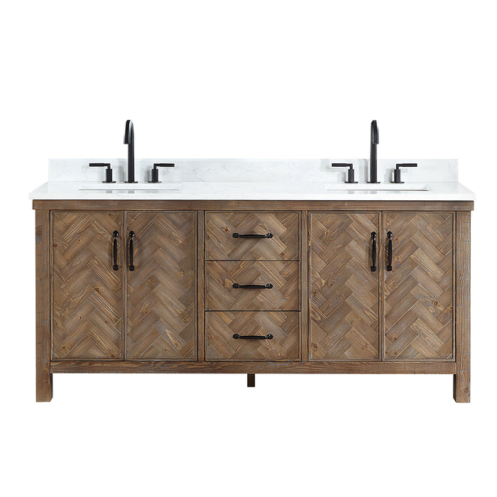 72-Inch Sable Rustic Double Bathroom Vanity – Spruce Gray Cabinet with White Stone Surface and Ample Storage
