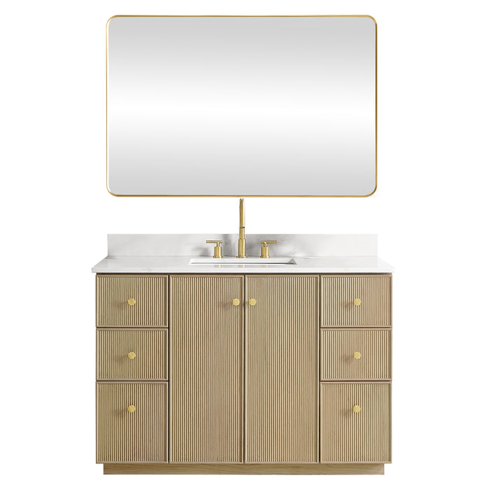 48-Inch Corinth Single Vanity in Aged Natural Oak with Fish Maw White Quartz Countertop and Matching Mirror