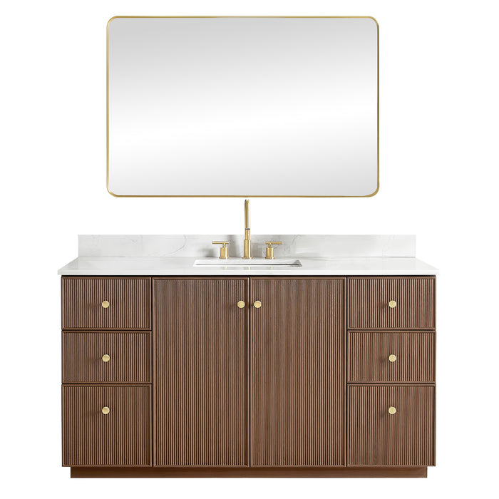60-Inch Courant Single Sink Freestanding Bathroom Vanity - Dark Brown Oak with Fish Maw White Quartz & Matching Mirror