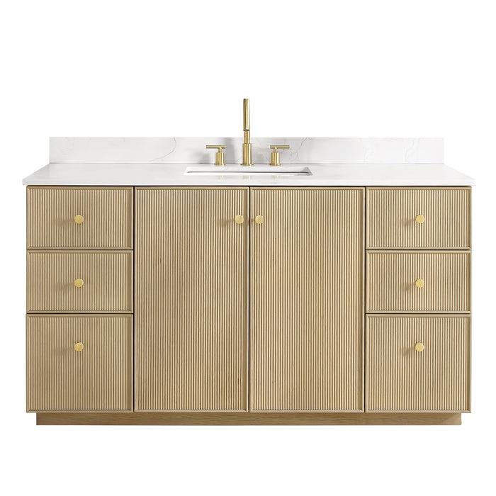 60 Inch Crimson Solid Wood Single Vanity Freestanding Aged Natural Oak Fish Maw Quartz