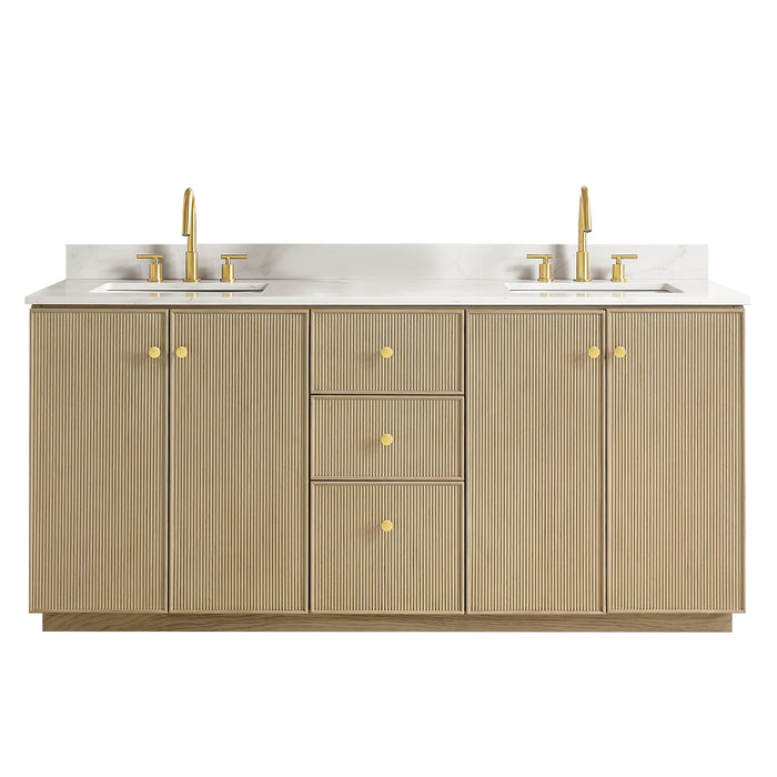 72-Inch Earthen Double Vanity Aged Natural Oak Freestanding with Fish Maw White Quartz Countertop