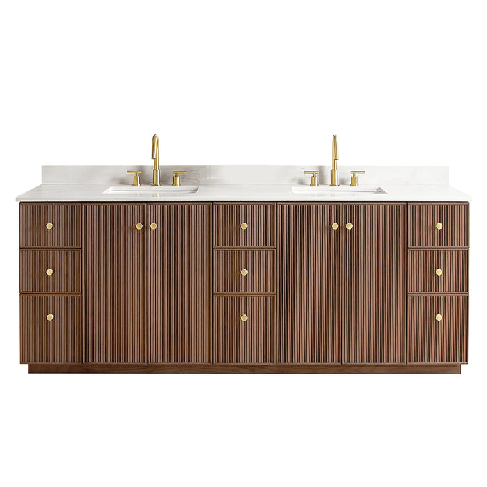 84-Inch Free Standing Eglantine Double Bath Vanity - Dark Brown Oak Wood with Fish Maw White Quartz Countertop