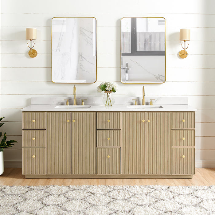 84-Inch Emanate Double Vanity - Natural Oak Finish with White Quartz Top & Undermount Sink