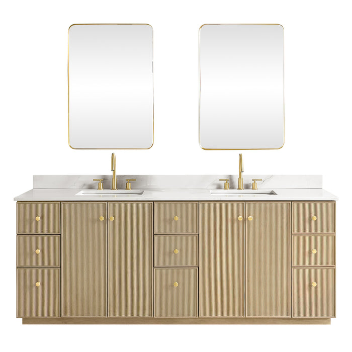 84-Inch Endear Double Sink Bathroom Vanity in Aged Natural Oak - Fish Maw White Quartz Stone Top & Matching Mirror