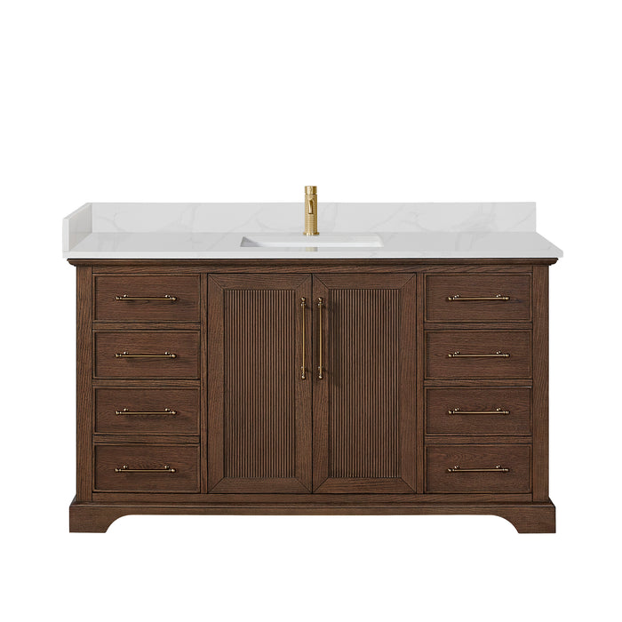 60-Inch Rosette Solid Wood Bathroom Vanity Aged Dark Brown Oak Finish with White Quartz Top & Undermount Sink