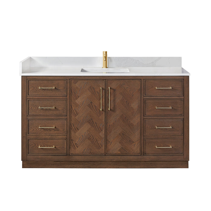 60-Inch Peony Rustic Single Sink Vanity – Freestanding Brown Oak Cabinet with Silk White Quartz Stone Top