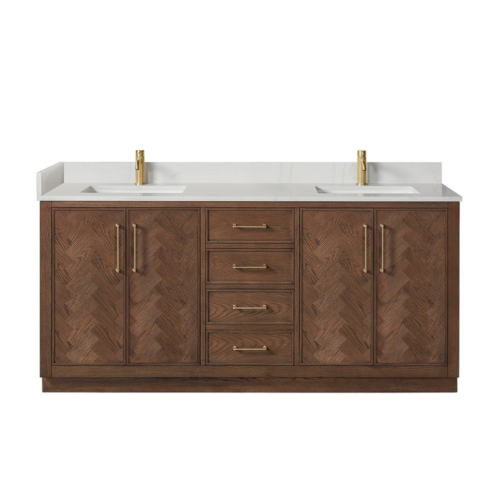 72 Inch Piquant Rustic Double Vanity – Freestanding Dark Oak Cabinet with Dual Sinks and White Quartz Top