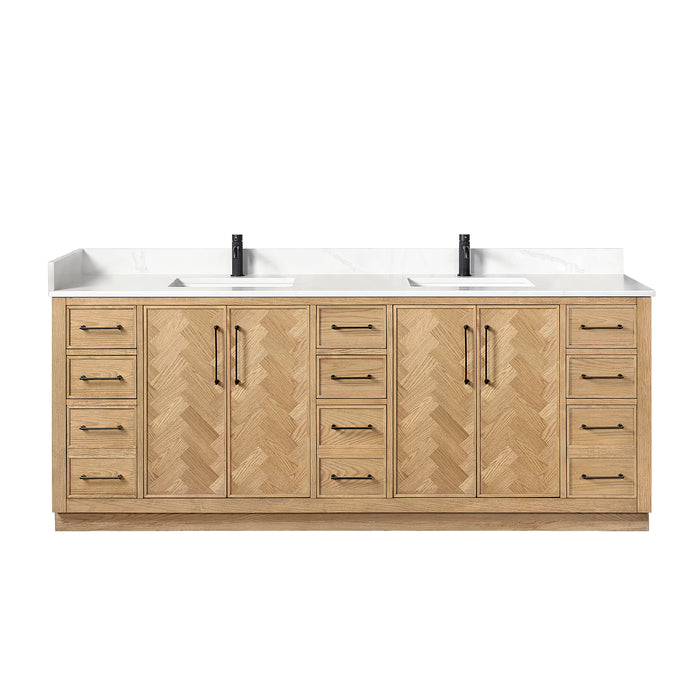 84-Inch Polaris Double Sink Vanity – Weathering Oak Finish with White Quartz Countertop and Soft-Close Drawers