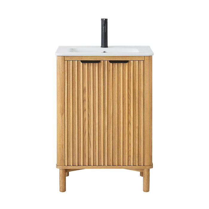 24 Inch Bexley Freestanding Vanity – Weathered Oak Single Sink Cabinet with Drop-In White Ceramic Top