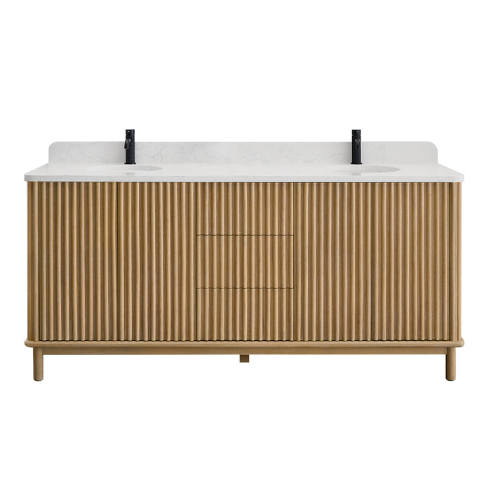 72-Inch Memento Double Vanity Contemporary Solid Wood Free-Standing Washed Ash Grey White Grain Stone Top