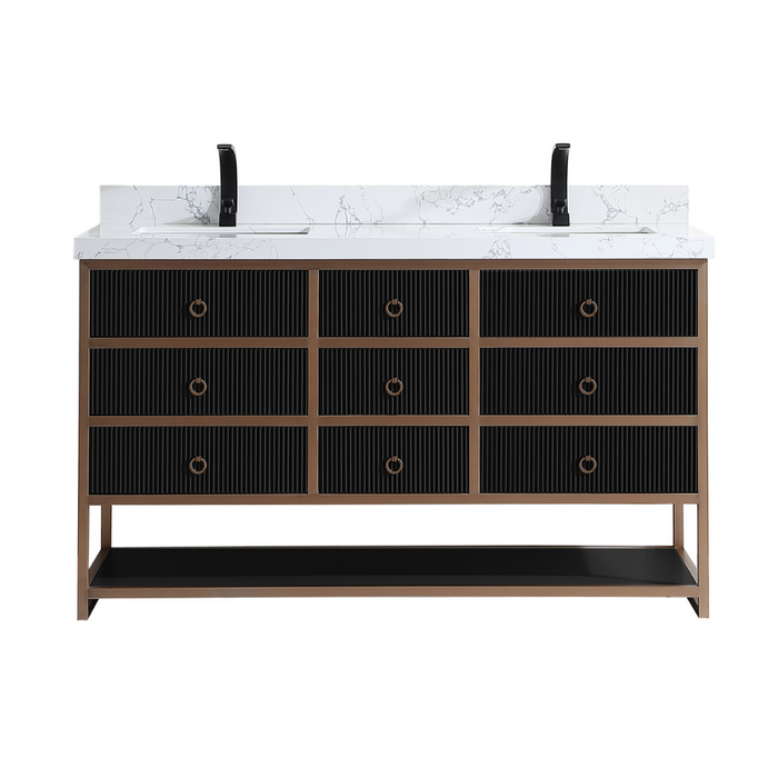 Mabelle 60" Tricorn Black Golden Stainless Steel Double Bathroom Vanity – Modern Oak Frame with White Stone Top