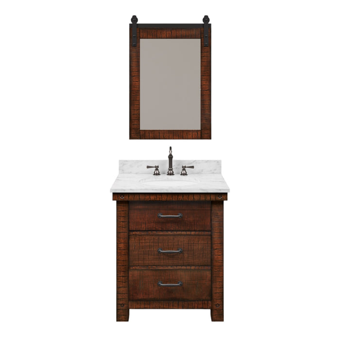 30" Carrara Corsair White Marble Single Sink Bathroom Vanity Rustic Sienna Wood Finish with Oil Rubbed Bronze Faucet and Barn Door Style Mirror