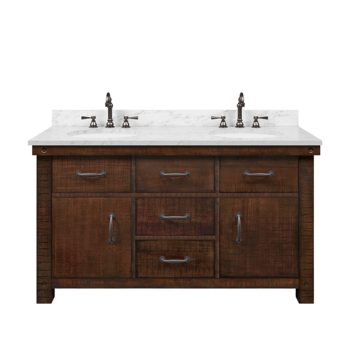 60 Inch Denali Double Sink Carrara Marble Bathroom Vanity Rustic Sienna Wood Finish with Oil Rubbed Bronze Hook Faucets