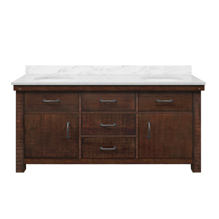 72 Inch Echo Carrara White Marble Double Undermount Sink Vanity in Rustic Sienna
