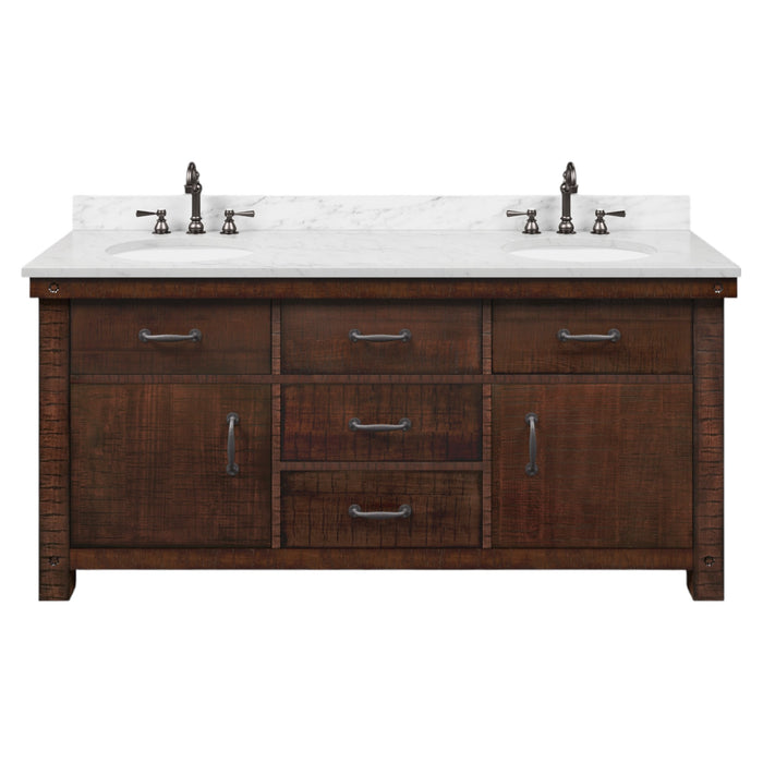 72" Enclave Double Sink Bathroom Vanity Rustic Sienna with Carrara Marble and Bronze Faucets & Mirror