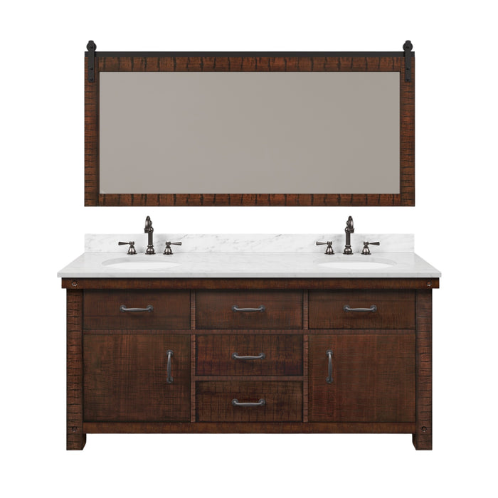 72 Inch Ember Double Sink Bathroom Vanity Set Rustic Sienna with Marble Top Faucets and Barn Door Mirror