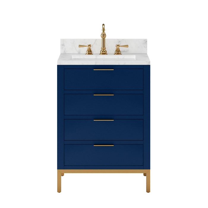 24 Inch Monarch Blue Reid Bath Vanity - Carrara White Marble Countertop & Satin Gold Faucet