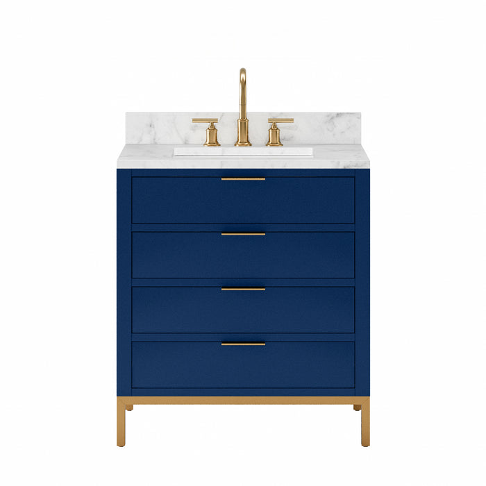 30 Inch Carrara Marble Lily Bathroom Vanity in Monarch Blue Single Sink with Satin Gold Faucet