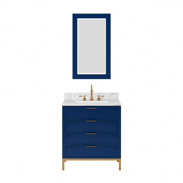 30" Estate Modern Single Sink Vanity Carrara White Marble Countertop Monarch Blue Cabinet with Gold Faucets and Mirror