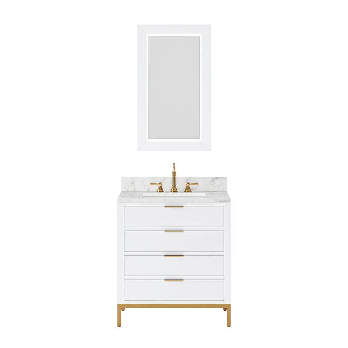 30 Inch Carrara White Marble Haven Bathroom Vanity Pure White with Satin Gold Faucet and Mirror