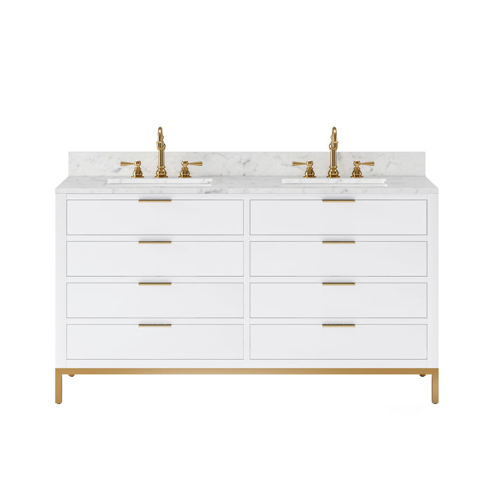 60 Inch Jett Double Sink Bathroom Vanity Carrara White Marble Top Pure White Cabinet Satin Gold Faucets