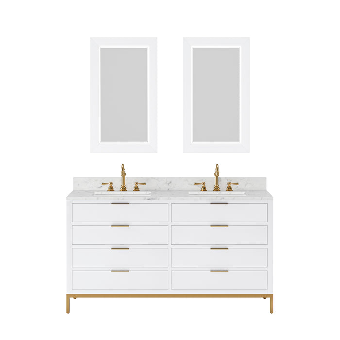 60-Inch Isola Pure White Freestanding Double Sink Vanity with Carrara Marble and Satin Gold Hardware with Matching Mirror
