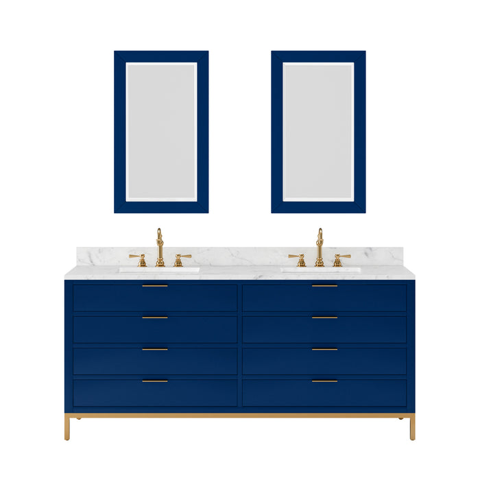 72 Inch Lagoon Monarch Blue Bathroom Vanity Carrara Marble Countertop Double Sink Gold Faucets