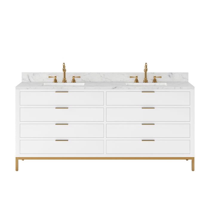 Lento 72" Double Sink Carrara White Marble Vanity - Pure White Modern Bathroom Cabinet with Satin Gold Hardware