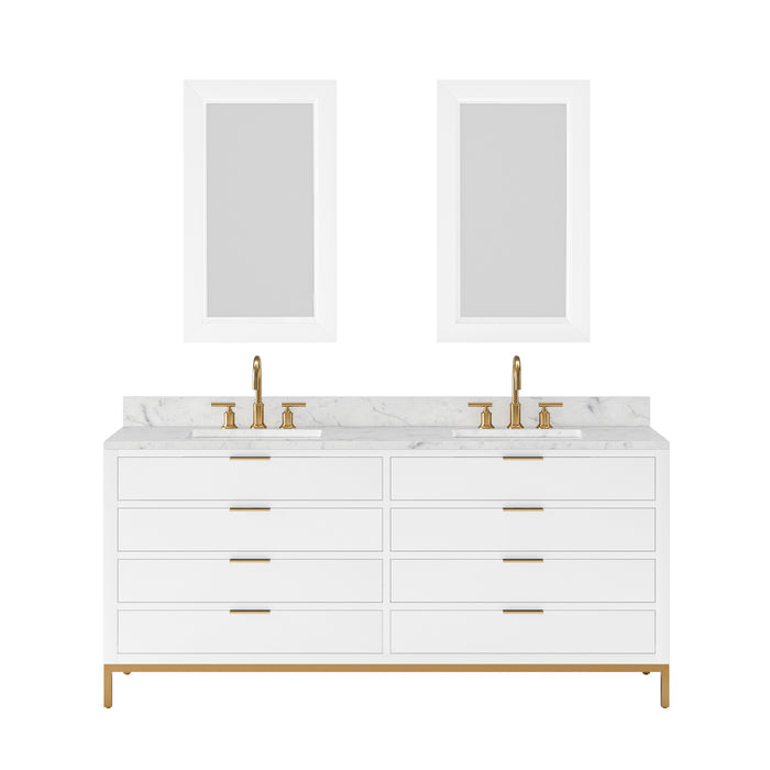72 Inch Ledge Carrara White Marble Double Vanity - Pure White Modern Bathroom Cabinet with Satin Gold Faucets & Mirrors