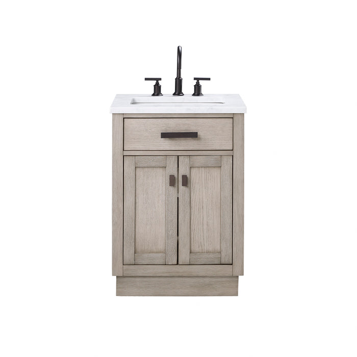 24" Lume Grey Oak Freestanding Bathroom Vanity with 1" Thick Carrara White Marble & Bronze Hardware