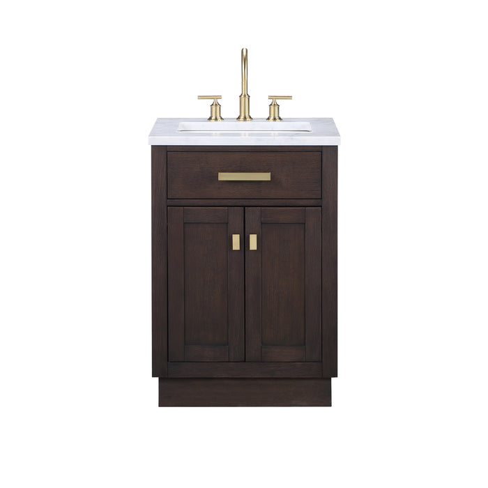 24-Inch Lirio Carrara White Marble Single Sink Bathroom Vanity in Brown Oak Mid-Century with Satin Gold Hardware