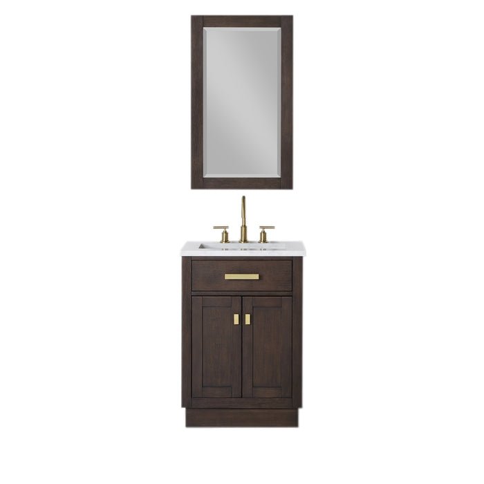 24" Single Sink Loft Bathroom Vanity Brown Oak Carrara White Marble Countertop with Rectangular Mirror and Gold Hardware