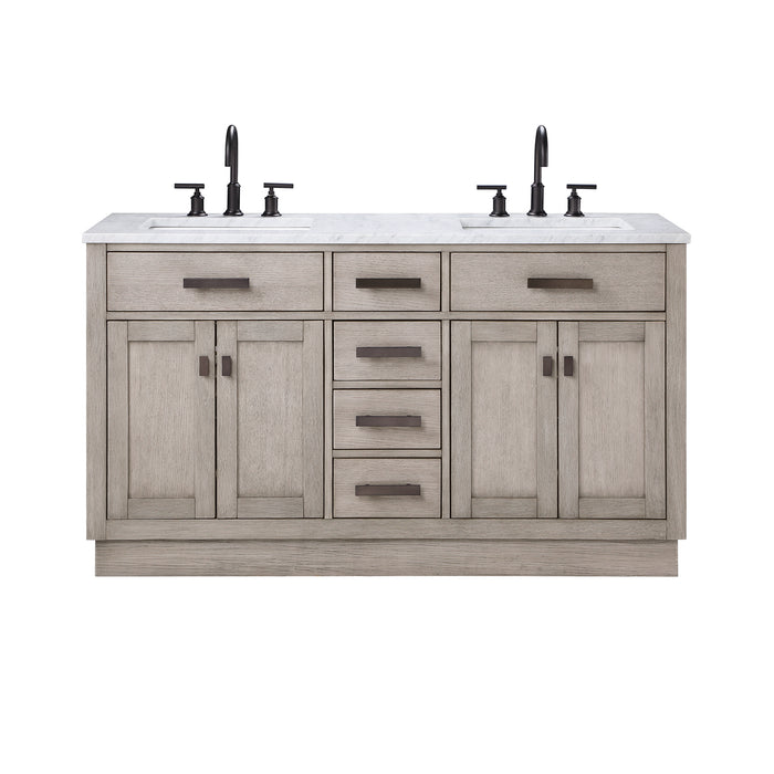 60 Inch Grey Oak Double Sink Vanity Oasis with Carrara Marble Top and Bronze Hardware