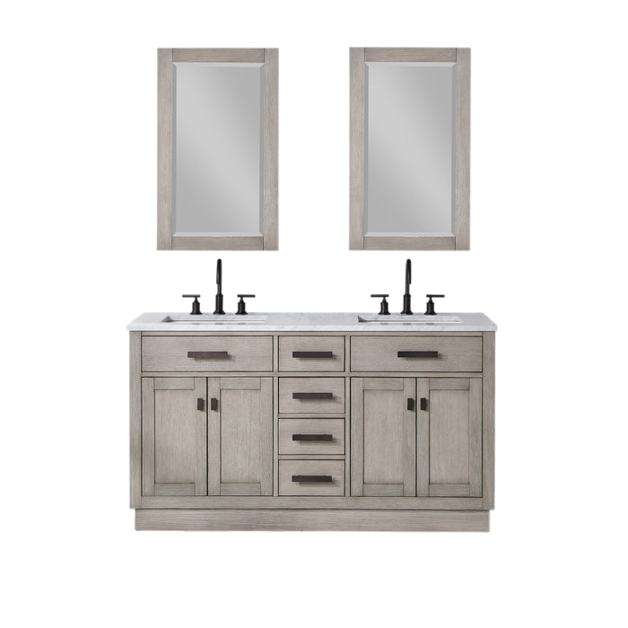 60 Inch Grey Oak Onyx Double Sink Bathroom Vanity Set - Carrara Marble Top with Mirror & Faucets