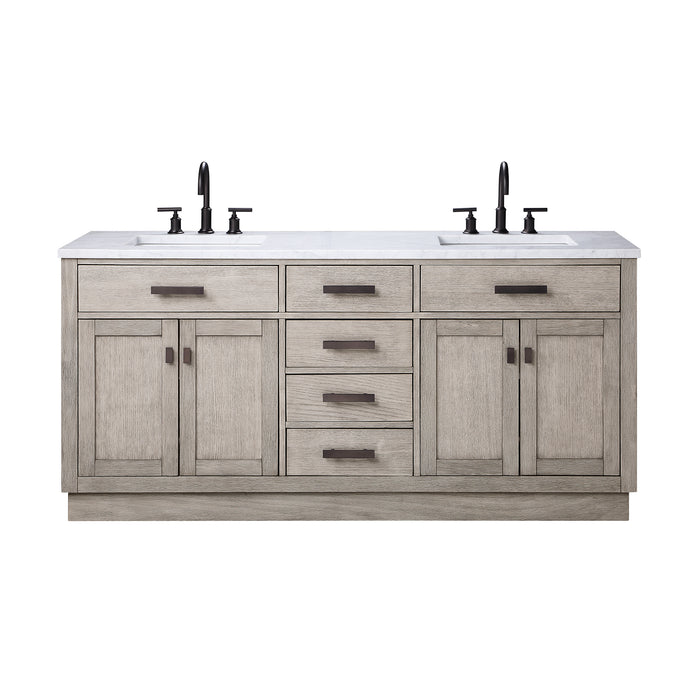 72 Inch Carrara Marble Osprey Double Vanity - Grey Oak Finish with Soft Close Drawers & Gooseneck Faucets