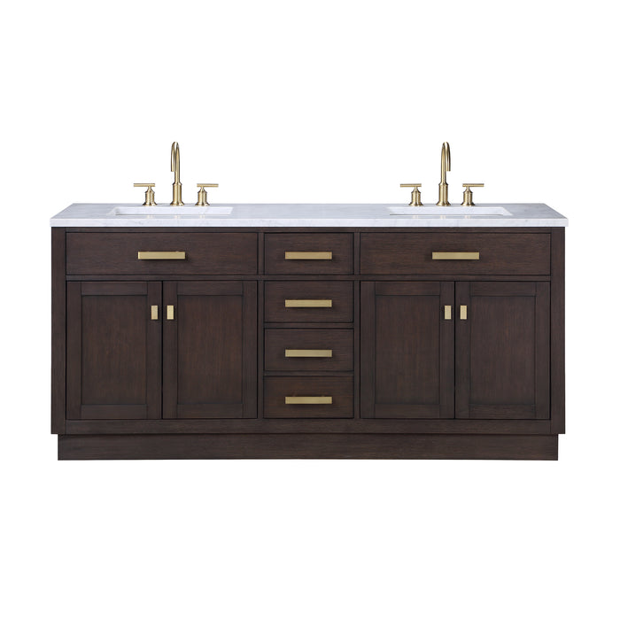 72 Inch Brown Oak Double Sink Vanity Orchid Carrara Marble Top with Gold Hardware and Faucets
