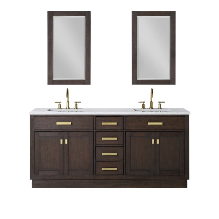 72 Inch Brown Oak Oriole Double Sink Vanity Set - with Carrara Marble Top, Mirrors & Faucets
