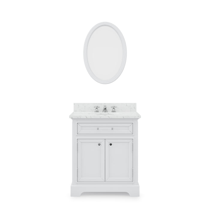30" Pure White Pavo Bathroom Vanity Carrara Marble Countertop Chrome Faucet & Oval Mirror Included
