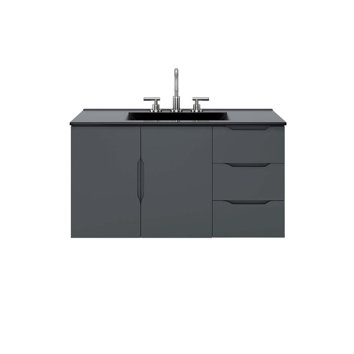 36-Inch Oleg Modern Gray Wall-Mount Bathroom Vanity Clean-Lined Style with Black Ceramic Basin and Spacious Drawers
