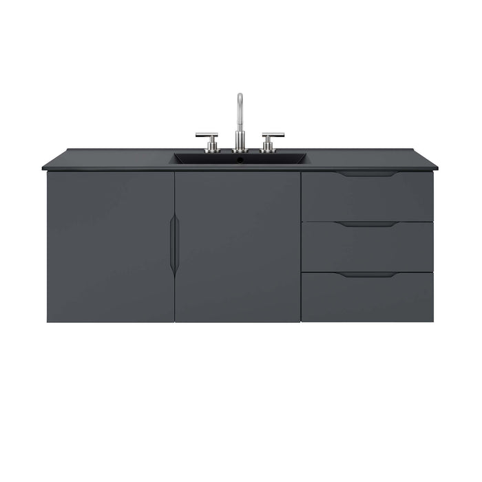 48 Inch Agustus Gray MDF Wall-Mount Single Sink Bathroom Vanity with Black Integrated Countertop and Soft-Close Drawers