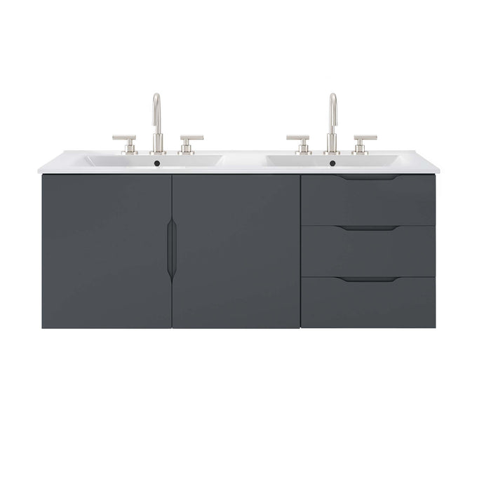 48-Inch Modern Gray Wall-Mount Double Sink Weaving Bathroom Vanity Clean-Lined Style with White Ceramic Basins and Spacious Storage